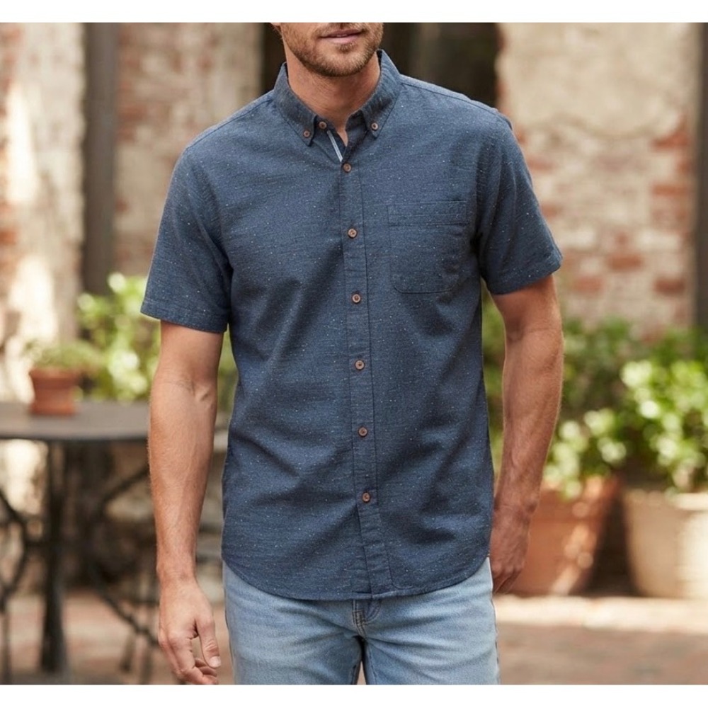 Ocean Current Mens Navy Blue Speckled Cotton Short Sleeve Button Down Shirt M